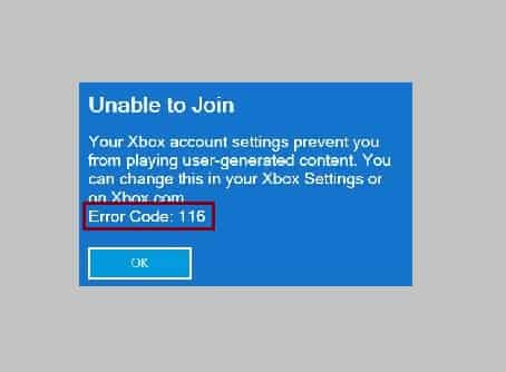 Roblox Error Code 116 on Xbox One