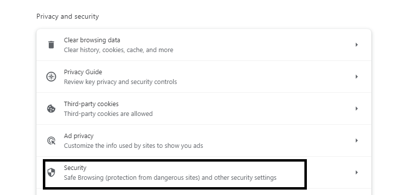 Privacy and Security option in Chrome browser