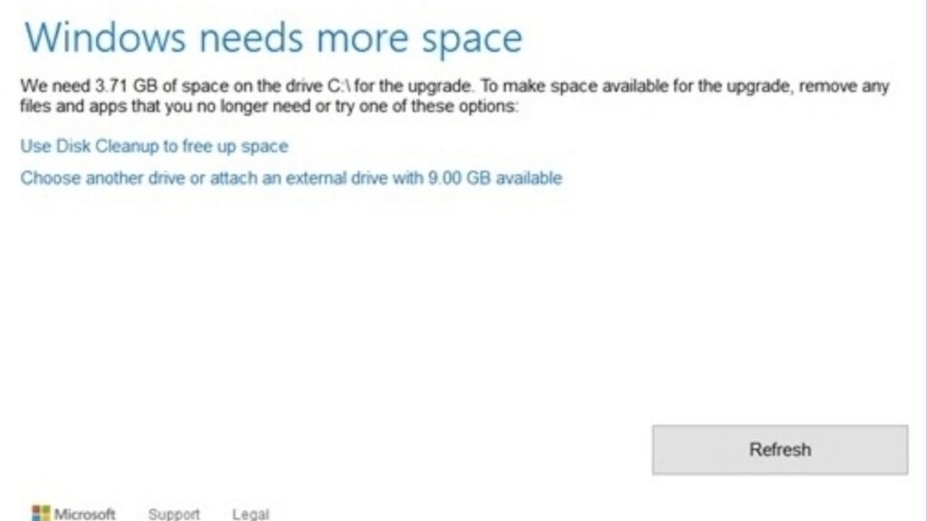 Not Enough Storage Space to Install Windows Update